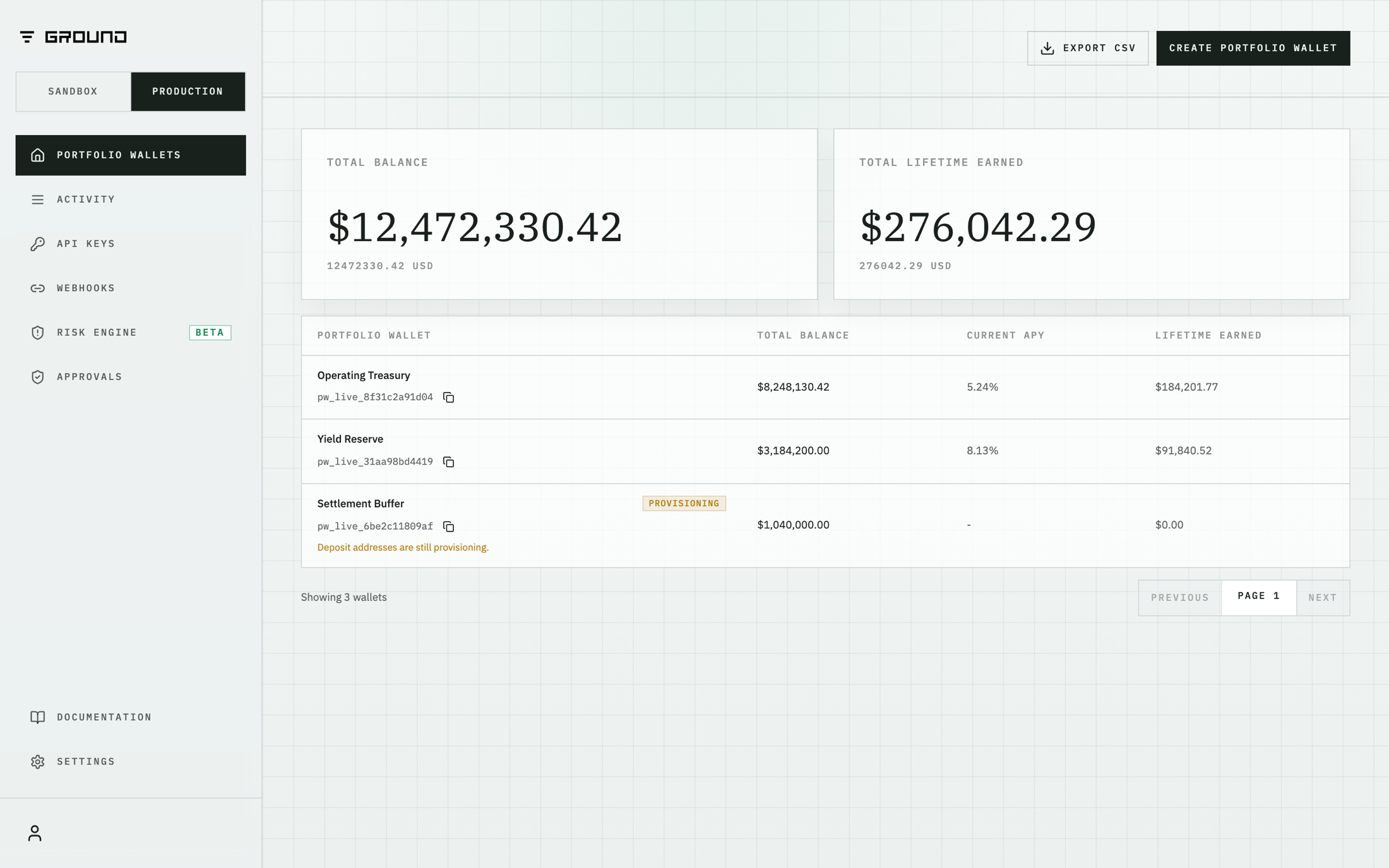 Ground portal — portfolio wallets dashboard showing balances and yield